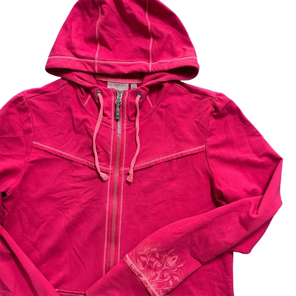 Athleta XS Full Zip Hoodie Jacket Raspberry Pink Floral Detail Drawstring Women‎